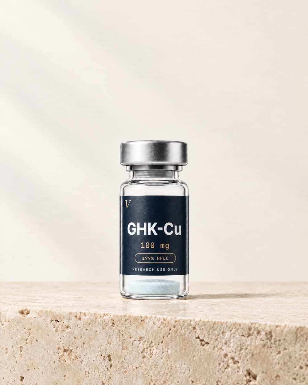 Vial GHK-Cu 100 mg sobre piedra travertino